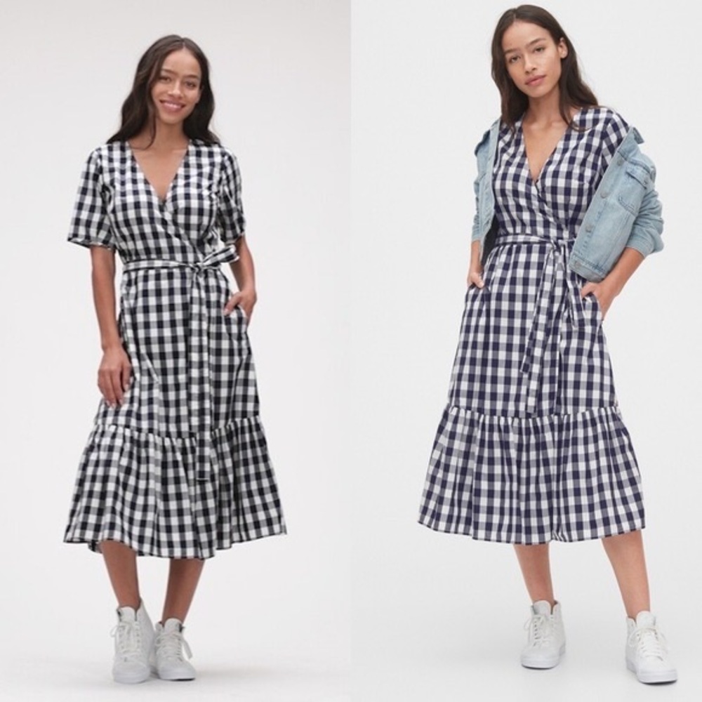 Gap Gingham Wrap Midi Dress Navy Blue size M
